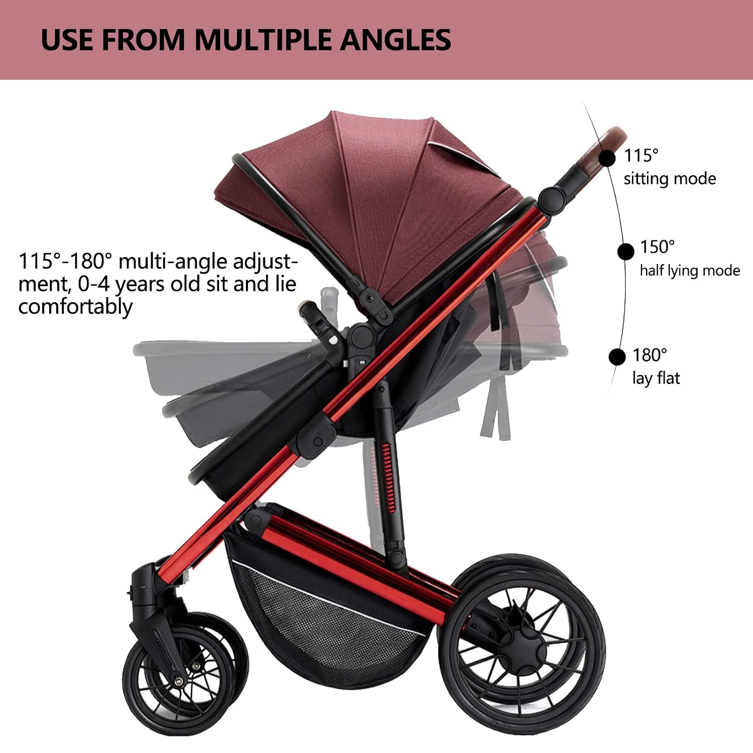 5 in 1 Baby Stroller,Reversible Infant Pushchair, Compact Fold Baby Stroller, Two-Way with Reversible Seat Design, with Aluminum Frame, Large Seat Area, Extra Large Storage Basket(Color:Black)