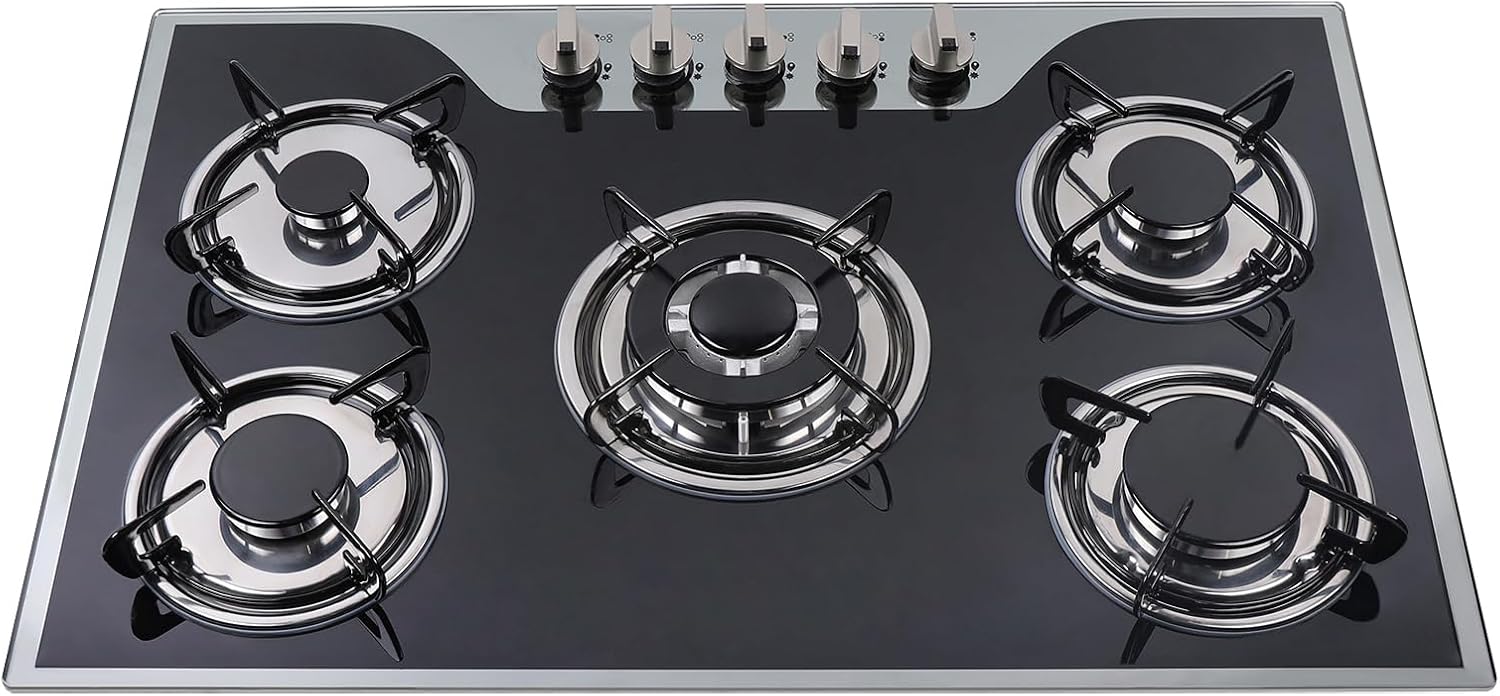 30 Inch Gas Cooktop Built-in Stainless Steel Gas Stovetop 5 High Efficiency Burners Gas Stove LPG/NG Convertible Gas Hob Easy to Clean