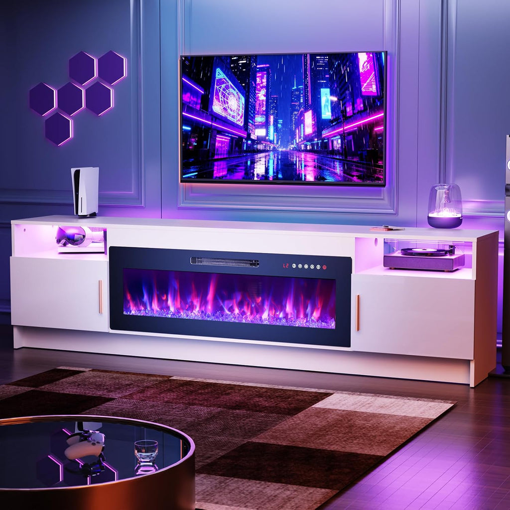 EAG 80' Electric Fireplace TV Stand with 42 inch Fireplace Up to 90' TVs, Entertainment Center with with Storage Cabinet & LED Lights, Modern Media Console for Living Room, White