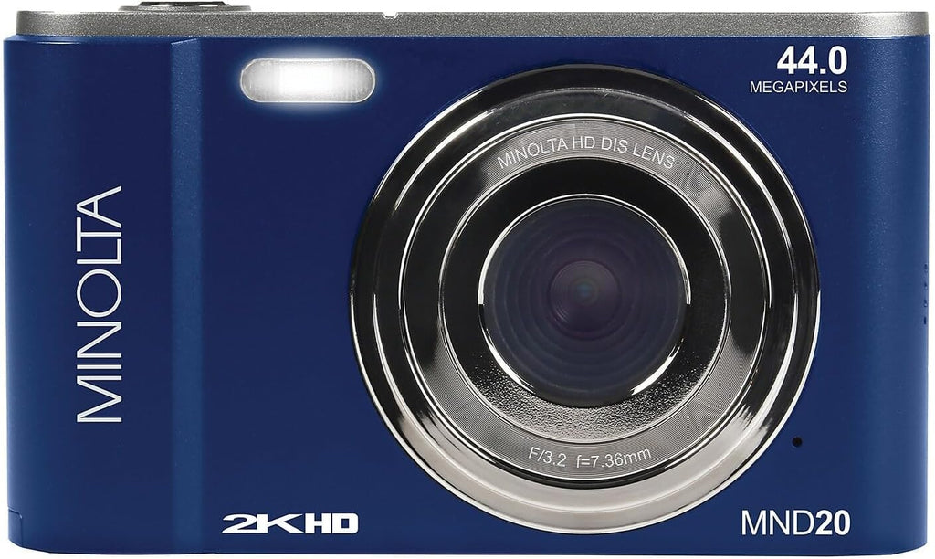 Minolta MND20 44 MP / 2.7K Quad HD Digital Camera (Blue) + 32GB Memory Card + 12 inch Flexible Tripod + Memory Card Wallet + USB Card Reader, SD/microSD + More