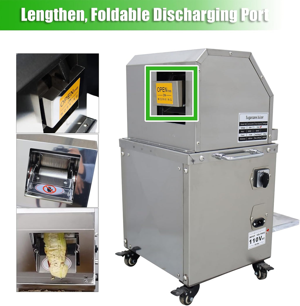 INTBUYING 800W Electric Sugarcane Juicer Sugar Cane Press Machine with 3 Stainless Steel Rollers 660LBS/H Output 2 Peelers Sugarcane Juice Extractor Squeezer on Wheels for Home Commercial Juice Shops