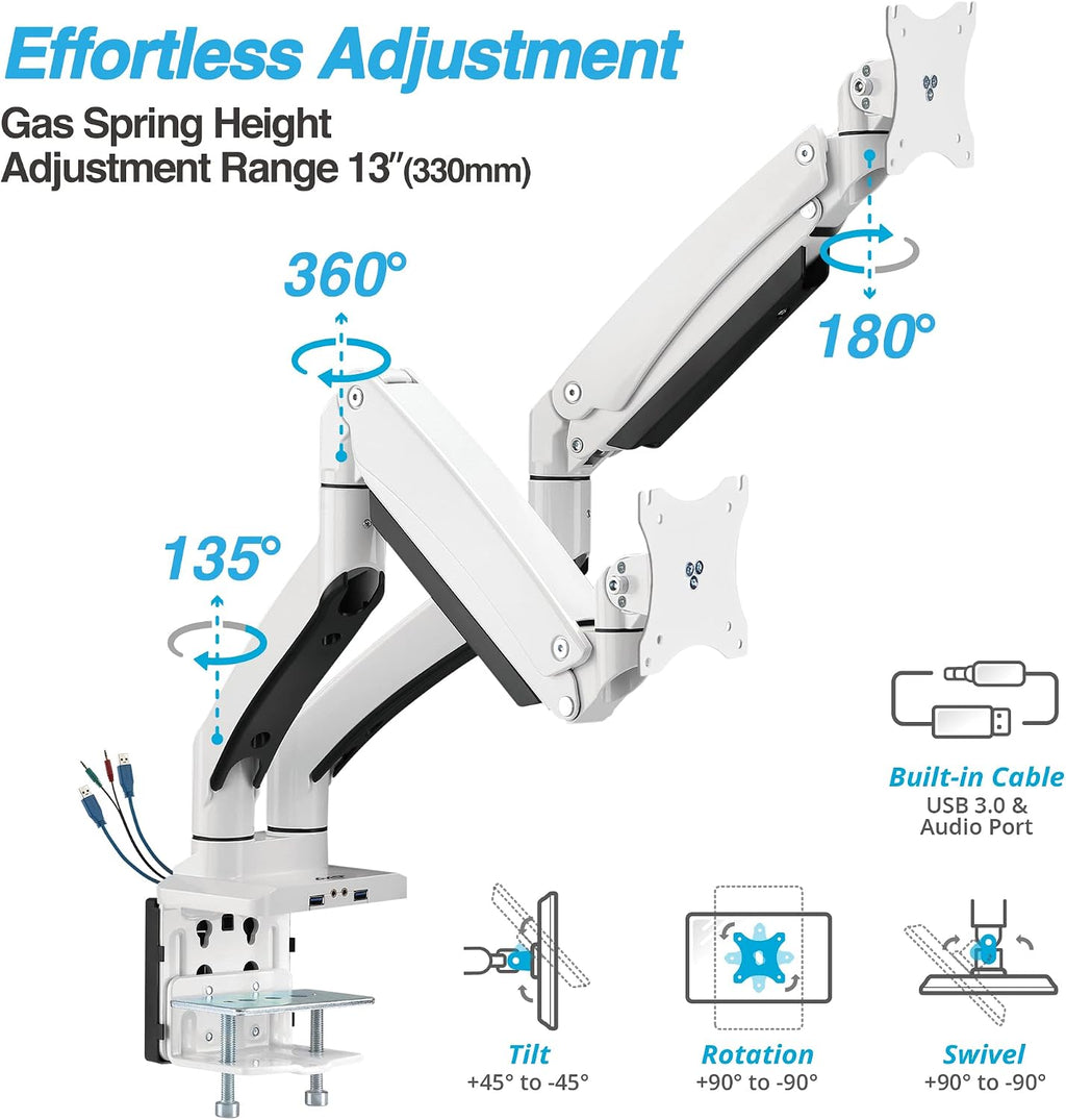 AVLT Dual Monitor Arm Desk Mount for 13'–43' Flat/Curved Screens with USB-A Pass-Through, Full Motion Height Adjustable Swivel Tilt Rotation VESA/C-Clamp/Grommet/Cable Management, White