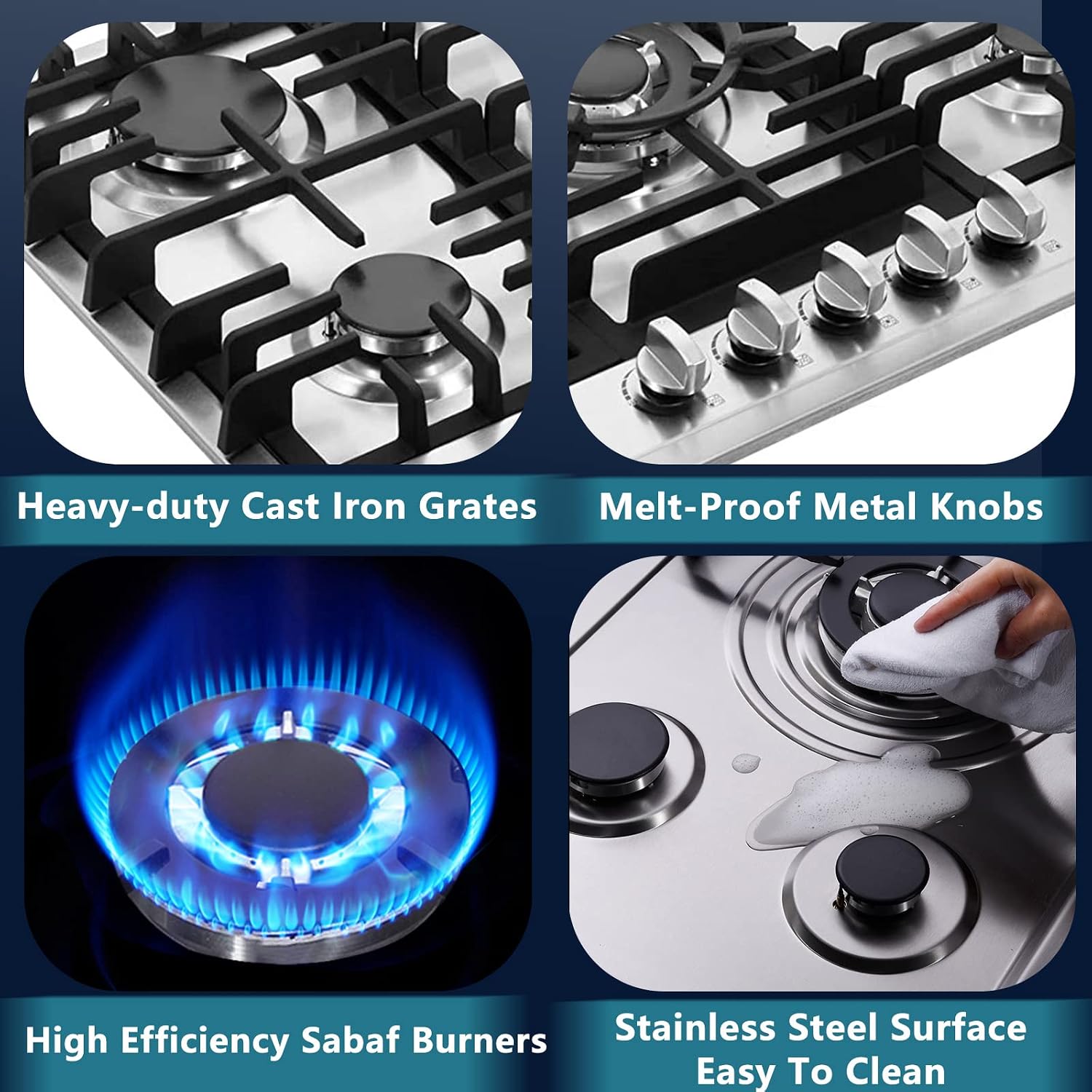 30 Inch Gas Cooktop, Stainless Steel Built-in 5 Burners Gas Stovetop LPG/NG Convertible Gas Stove Top Dual Fuel Cooktop DM527-02