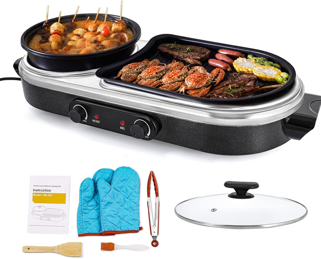 Electric Hot Pot Grill Removable 2 in 1 Shabu-shabu Pot Korean BBQ Grill Large Baking Tray Divider Hotpot, Smokeless Non-Stick Cooker Pan, Temperature Control, 2-10 People