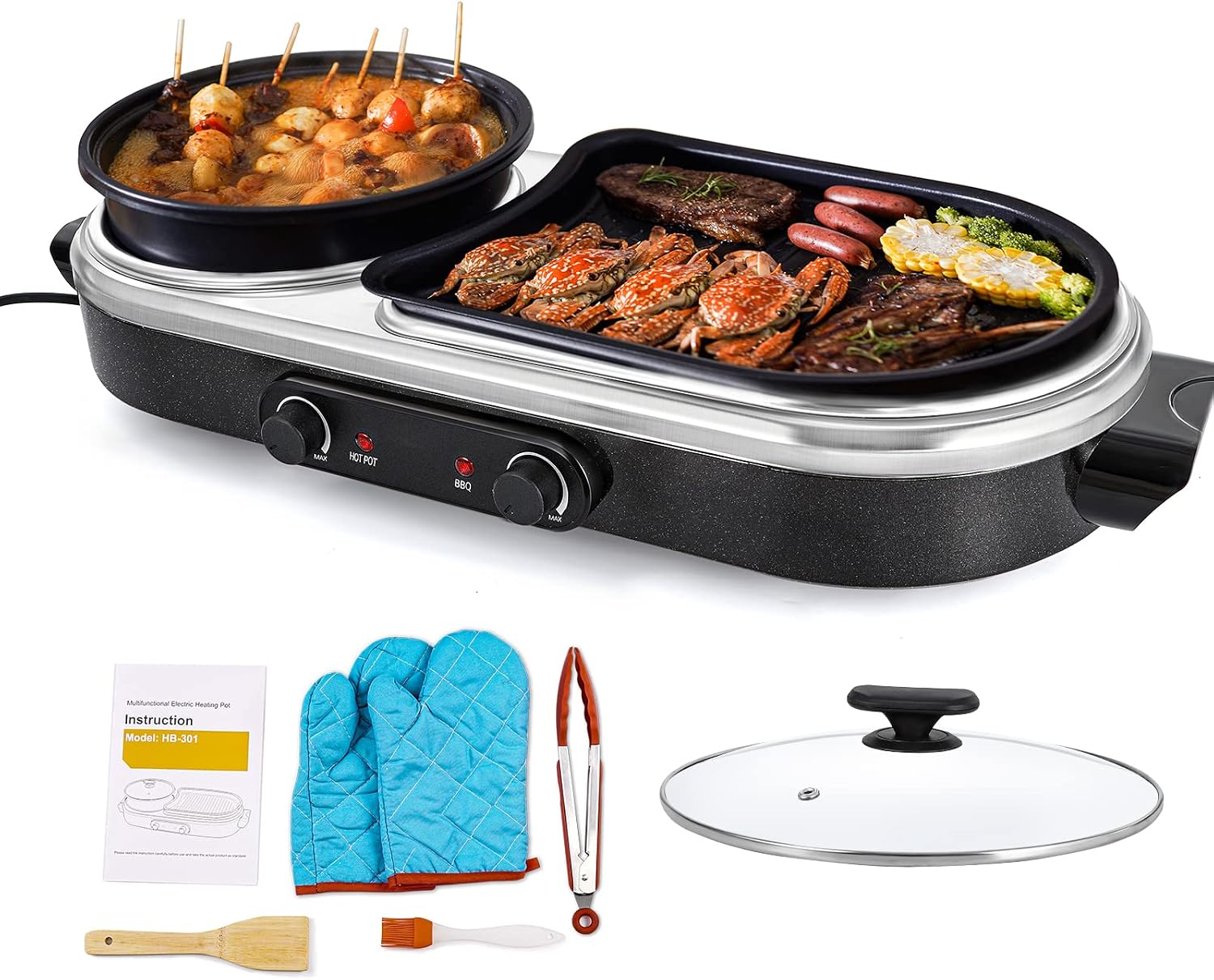 Electric Hot Pot Grill Removable 2 in 1 Shabu-shabu Pot Korean BBQ Grill Large Baking Tray Divider Hotpot, Smokeless Non-Stick Cooker Pan, Temperature Control, 2-10 People
