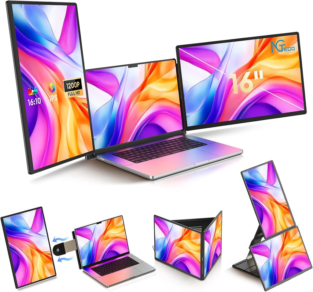 NGTeco 16' Triple Laptop Screen Extender, 1200P IPS Extended Monitor Portable, Plug & Play, Rotation Detachable Screen, Compatible with Windows/Mac/Chrome OS