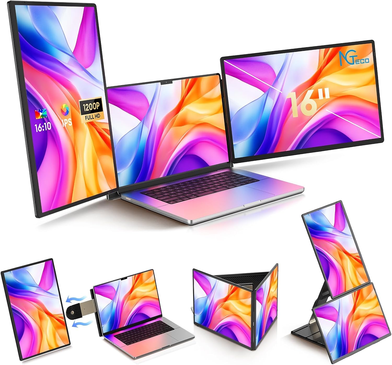 NGTeco 16' Triple Laptop Screen Extender, 1200P IPS Extended Monitor Portable, Plug & Play, Rotation Detachable Screen, Compatible with Windows/Mac/Chrome OS