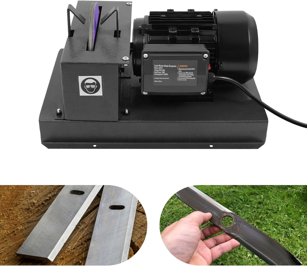 Lawn Mower Blade Sharpener 1HP 750W, 9-Inch Bench Grinder with 60 Grit Zirconium Sanding Wheel & Extra Sandpapers, Heavy-Duty Blade Sharpening Machine for High/Low Lift, Gator & Flat Blades