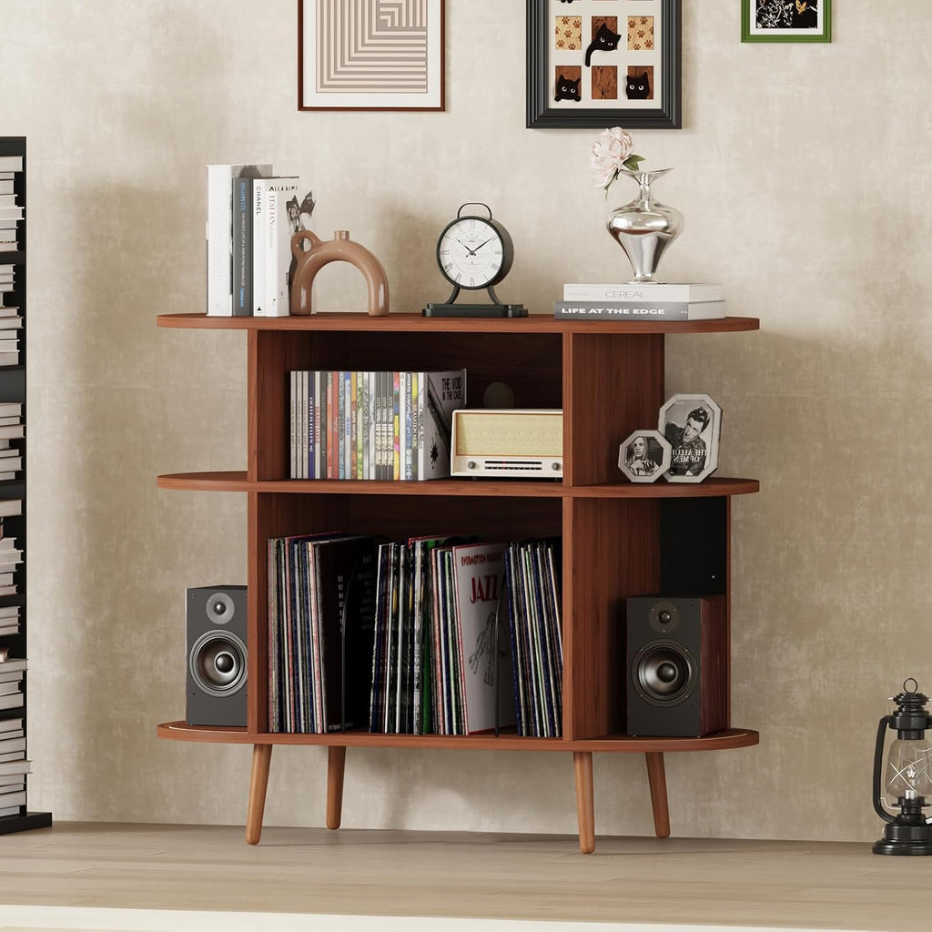 35.4' Record Player Stand with Storage - Vinyl Record Storage Cabinet & Media Console Holds 300+ Records, Mid Century Modern Turntable Stand for Living Room (Walnut, 35.4')