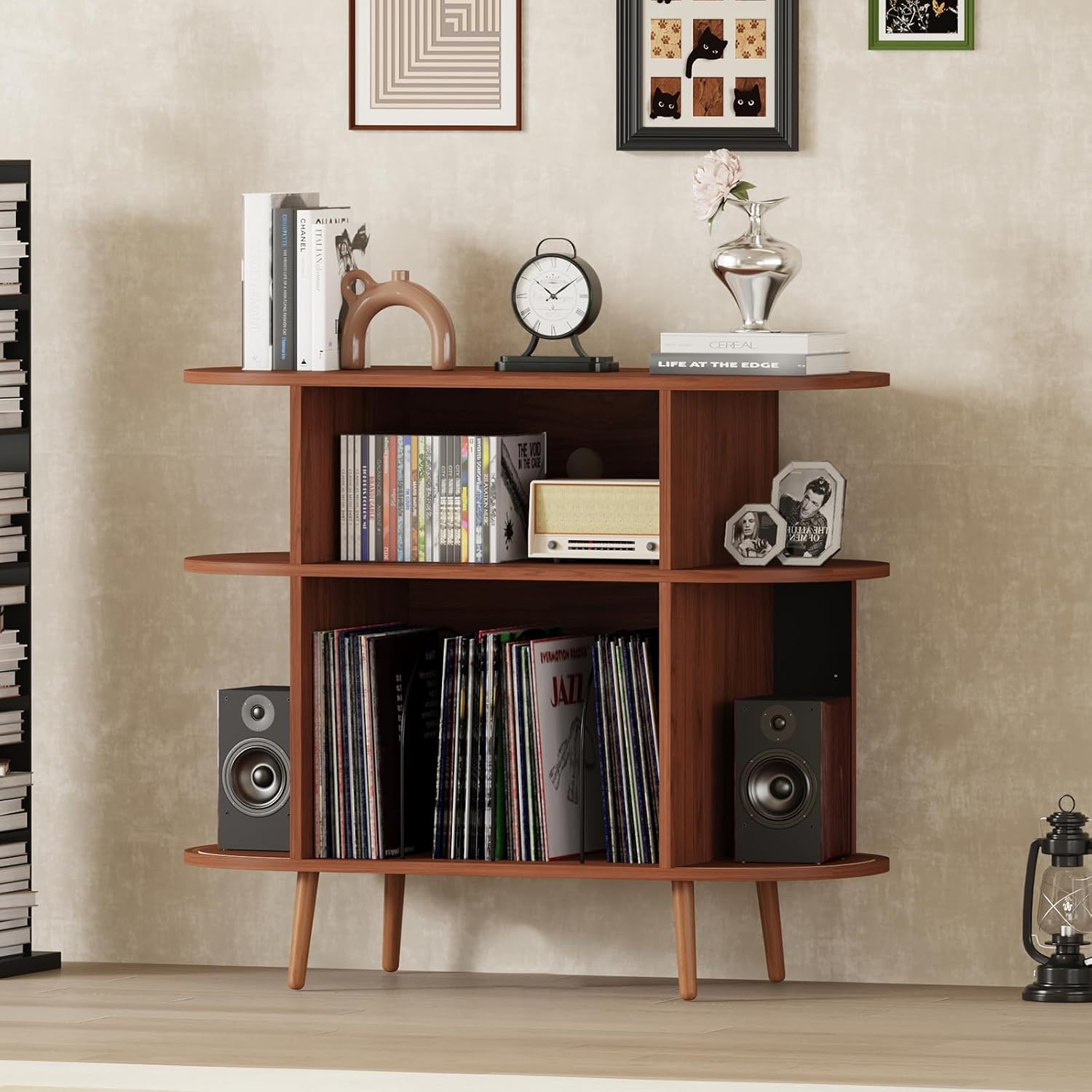 35.4' Record Player Stand with Storage - Vinyl Record Storage Cabinet & Media Console Holds 300+ Records, Mid Century Modern Turntable Stand for Living Room (Walnut, 35.4')
