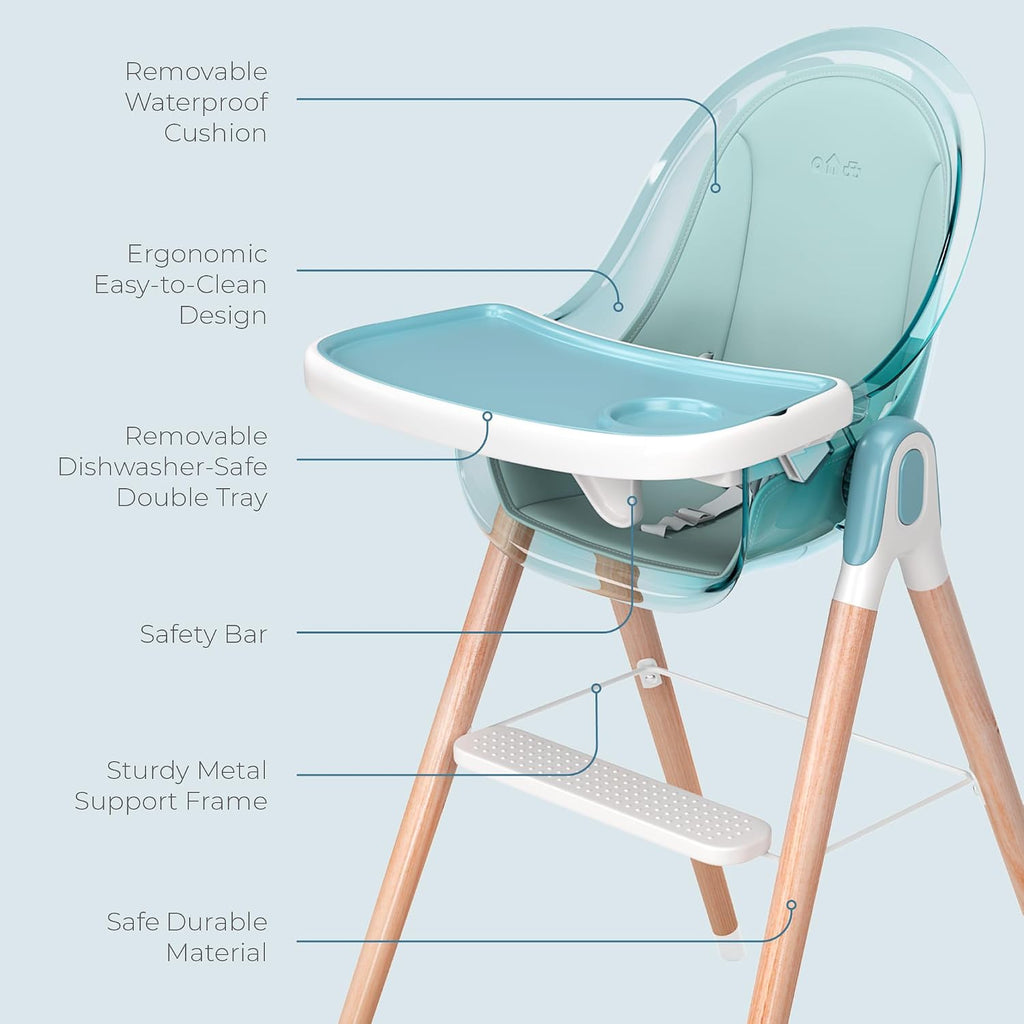 6 in 1 Deluxe Wooden High Chair for Babies & Toddlers, Modern Safe & Compact Baby Highchair, Easy to Clean & Assemble Removable Tray & Cushion, 6 Options 3 Seat Positions 2 Heights