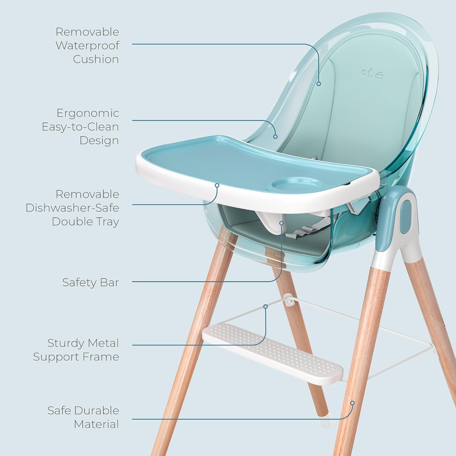 6 in 1 Deluxe Wooden High Chair for Babies & Toddlers, Modern Safe & Compact Baby Highchair, Easy to Clean & Assemble Removable Tray & Cushion, 6 Options 3 Seat Positions 2 Heights