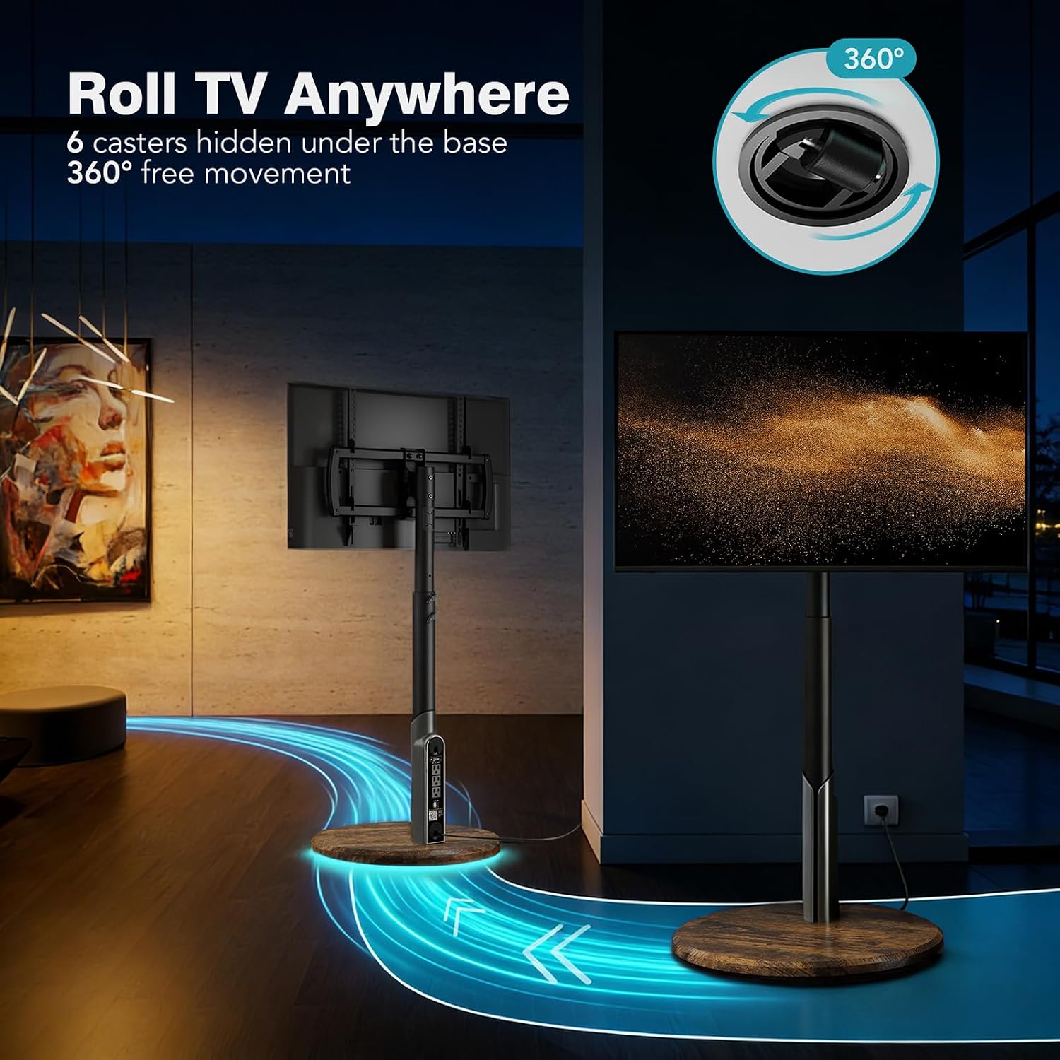 Mobile TV Stand with Power Outlet, Rolling TV Cart for 27-65 Inch OLED LED Monitors, 6 Levels of Height Adjustment, Ambient RGB Lighting on The Bottom Wheels Holds up to 88lbs