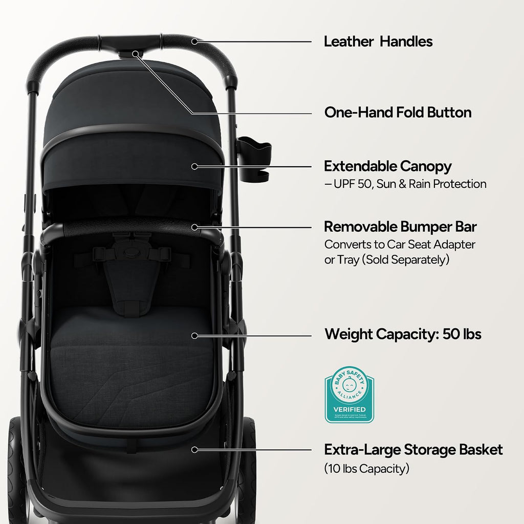 Mompush Wiz 2 in 1 Baby Stroller with Infant Pramette Mode, One Hand Fold Convertible Newborn to Toddler Stroller with Reversible Seat and Large UPF 50+ Canopy