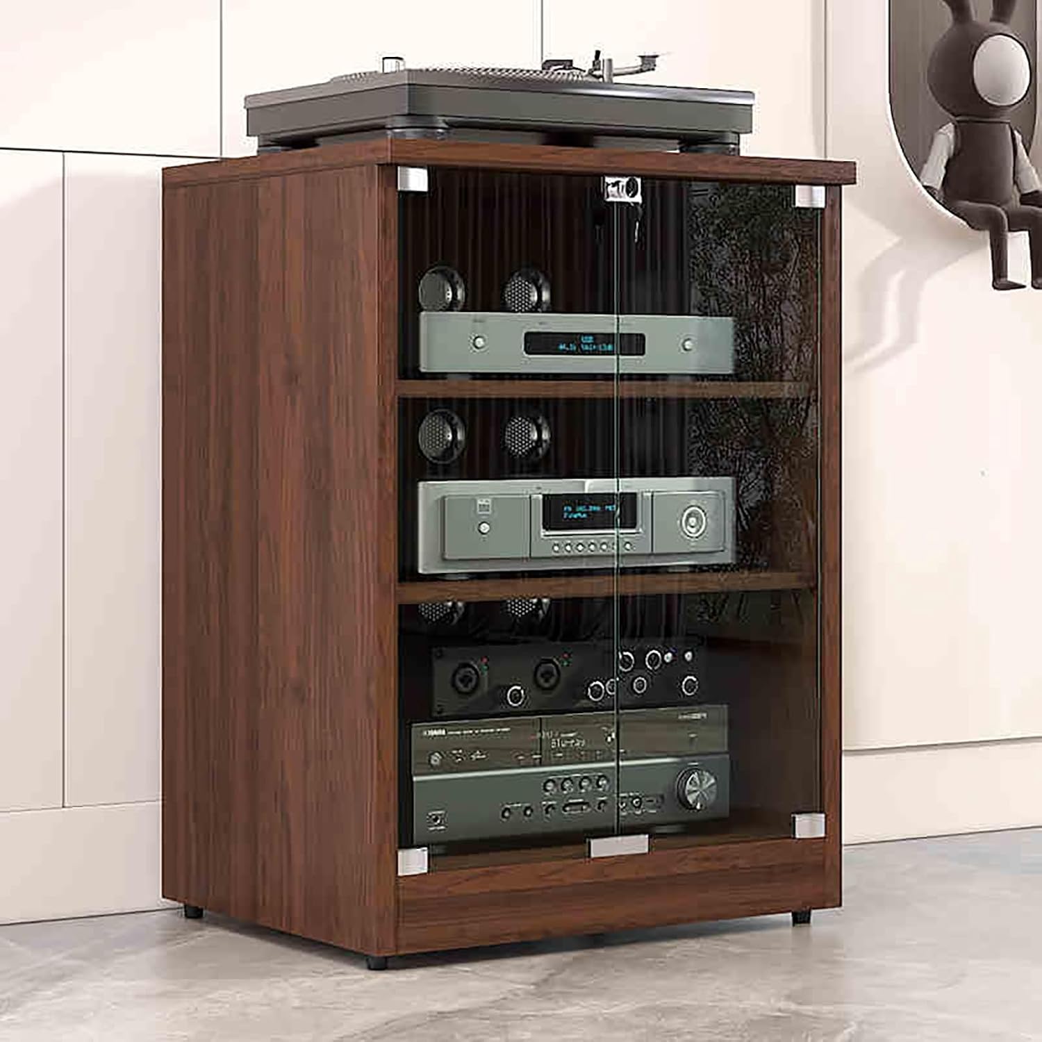 Media Cabinet AV Media Stand Stereo Cabinet with Adjustable Shelves Tempered Glass Doors and Cable Management, for Entertainment Stereo Racks Component(Brown,80cm/31.5in)