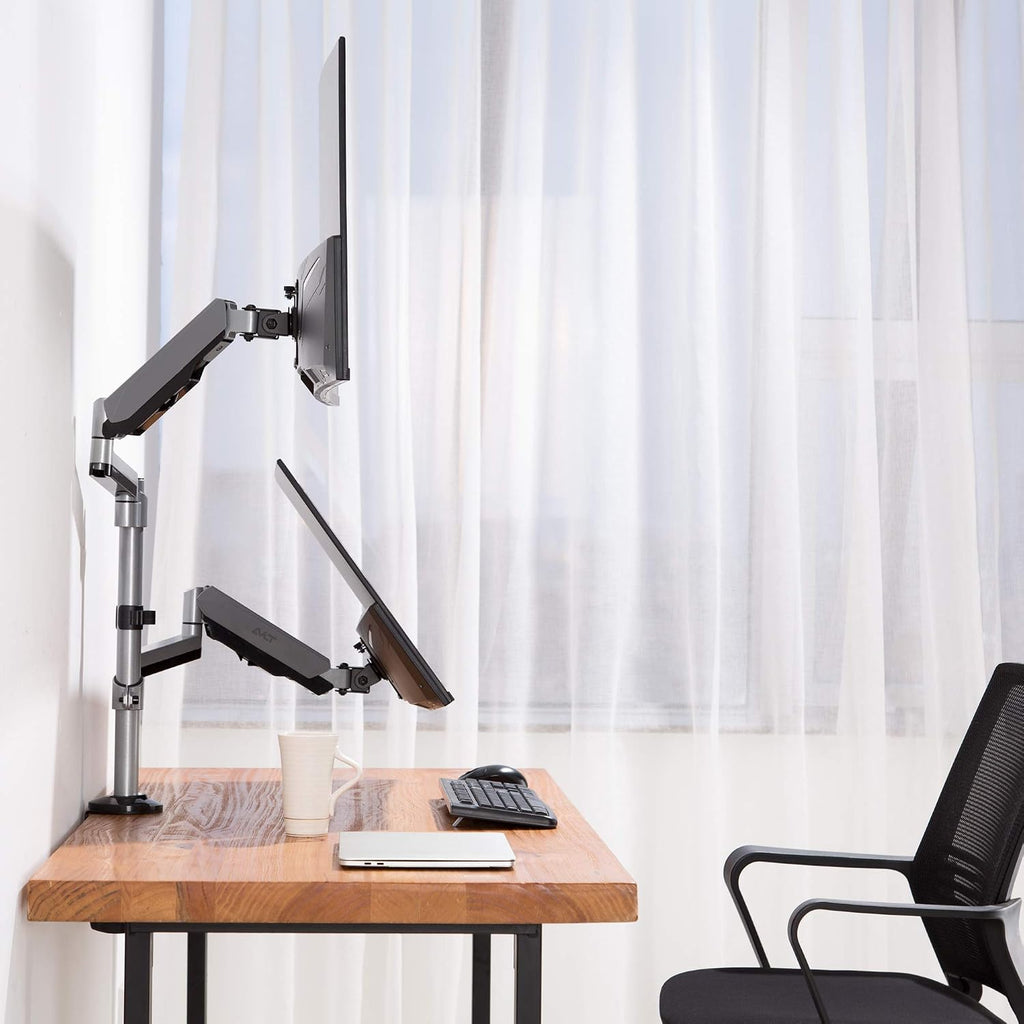 AVLT Dual 17'-32' Stacked Monitor Arm Desk Mount for 2 Flat or Curved Screens, Full Motion Height Adjustable with Swivel, Tilt, Rotation, Extra Tall, VESA, C-Clamp or Grommet Base
