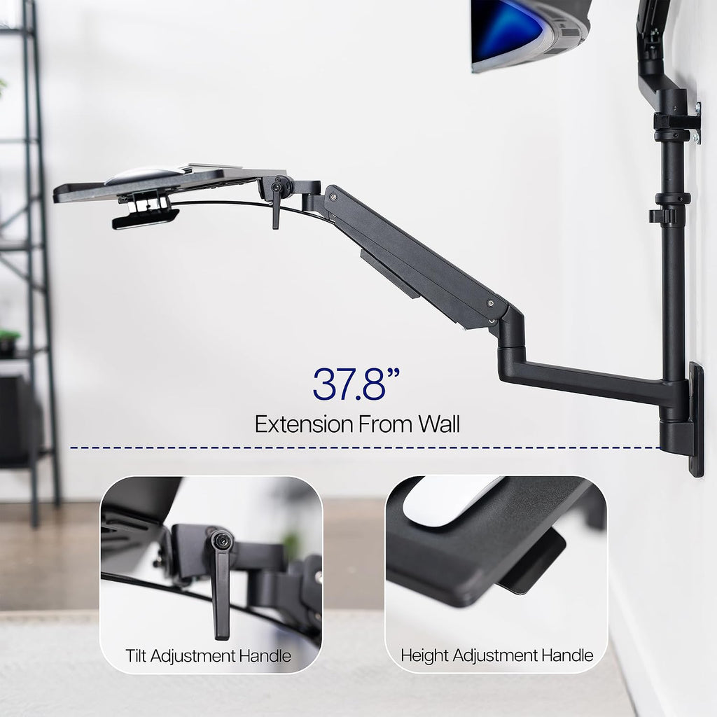 VIVO Sit-Stand Heavy Duty Ultrawide Monitor Wall Mount for Screens up to 49 inches with Height Adjustable Keyboard and Mouse Tray, Pneumatic Arm Computer Workstation, MOUNT-V120KB35C