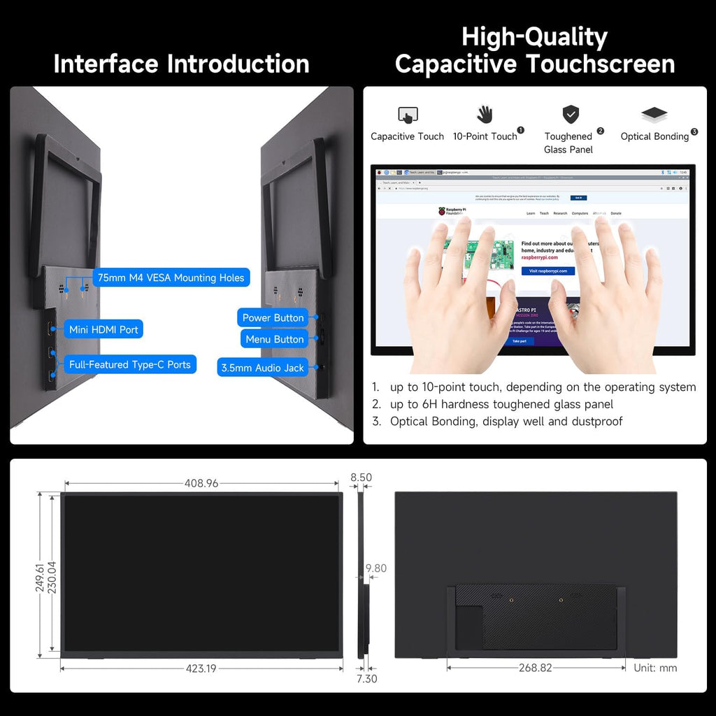 waveshare Luckfox 18.5inch Touch Monitor with Stand, Compatible with Raspberry Pi/Jetson Nano and PC, 1920 × 1080, 120Hz Refresh Rate, Mini HDMI/Type-C Display Ports, IPS Screen, 10-Point Touch