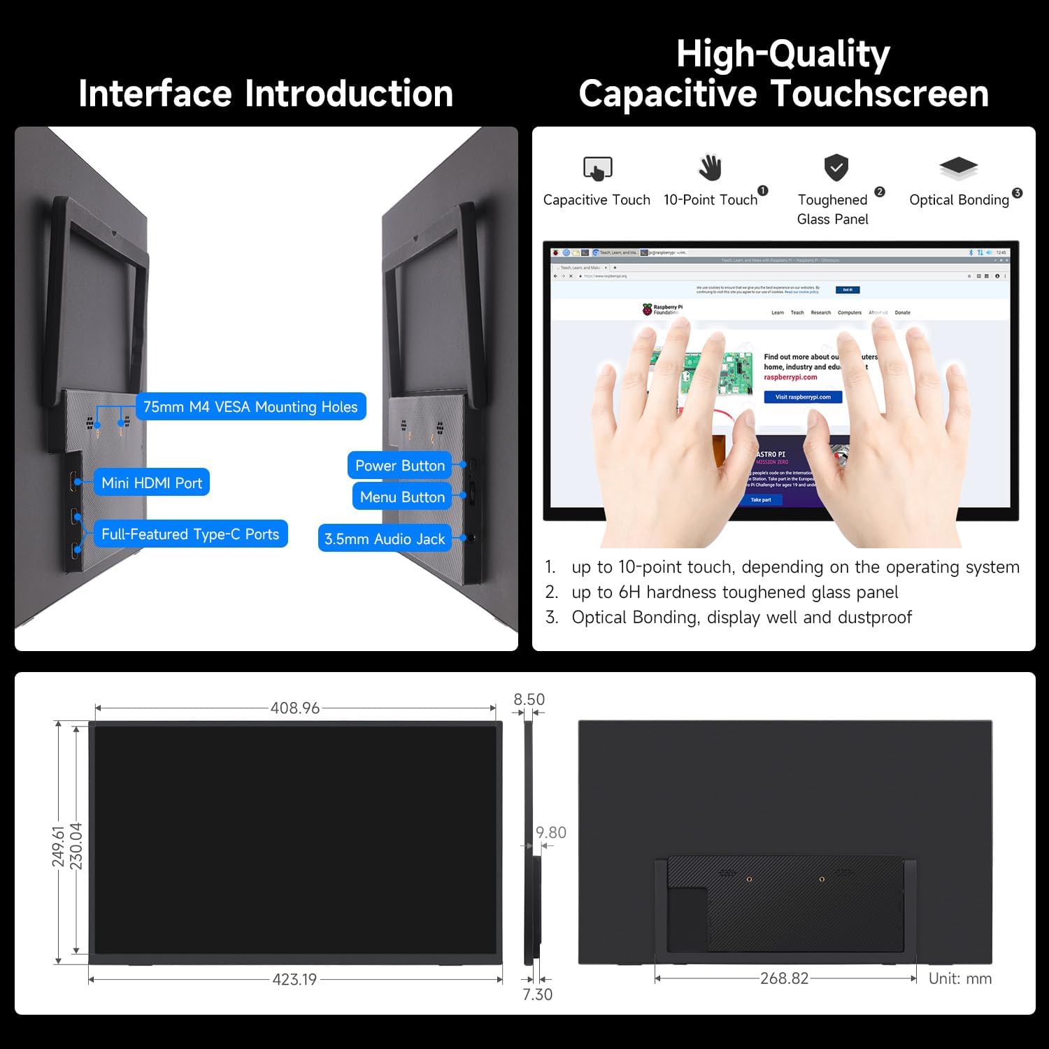 waveshare Luckfox 18.5inch Touch Monitor with Stand, Compatible with Raspberry Pi/Jetson Nano and PC, 1920 × 1080, 120Hz Refresh Rate, Mini HDMI/Type-C Display Ports, IPS Screen, 10-Point Touch