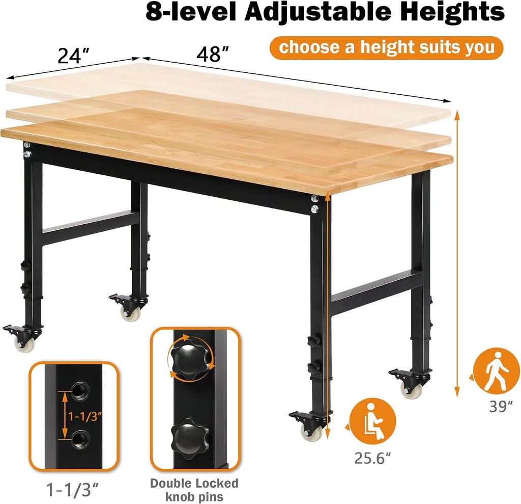 Betterhood 48' Heavy-Duty Adjustable Workbench for Garage, Rubber Wood Shop Table W/Metal Wheels, Hardwood Workstation Weight Capacity Over 2000 Lbs with Wheels