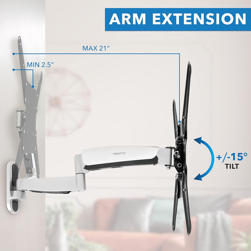 Mount-It! Full Motion Gas Spring TV Wall Mount for 25–55 Inch LED LCD OLED Flat Screen TVs | Height Adjustable 13.5' Articulating Arm | VESA 100x100 to 400x400 | 44 lb Capacity | Single Stud | Silver