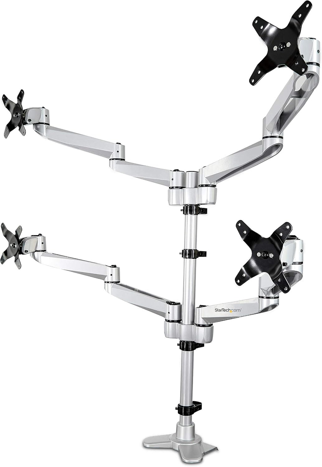 StarTech.com Desk Mount Quad Monitor Arm, Premium Articulating VESA 4X Monitor Mount 2x2 up to 30' (24.8lb/11.3kg), Height Adjustable Pole, Tilt Swivel Rotate, Clamp or Grommet Base, TAA