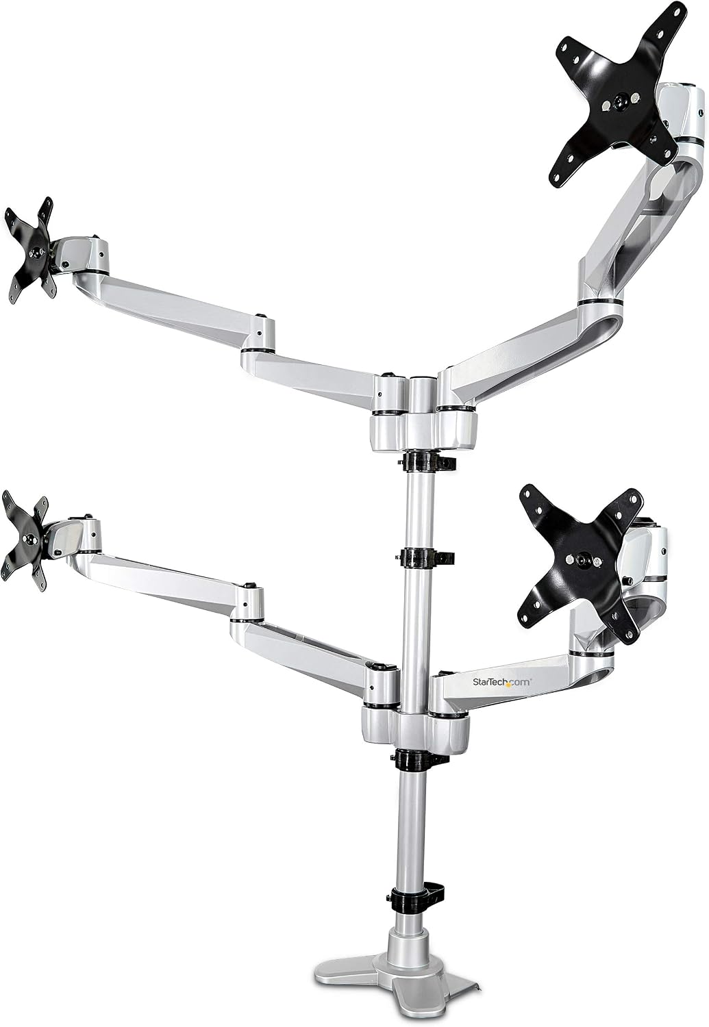 StarTech.com Desk Mount Quad Monitor Arm, Premium Articulating VESA 4X Monitor Mount 2x2 up to 30' (24.8lb/11.3kg), Height Adjustable Pole, Tilt Swivel Rotate, Clamp or Grommet Base, TAA