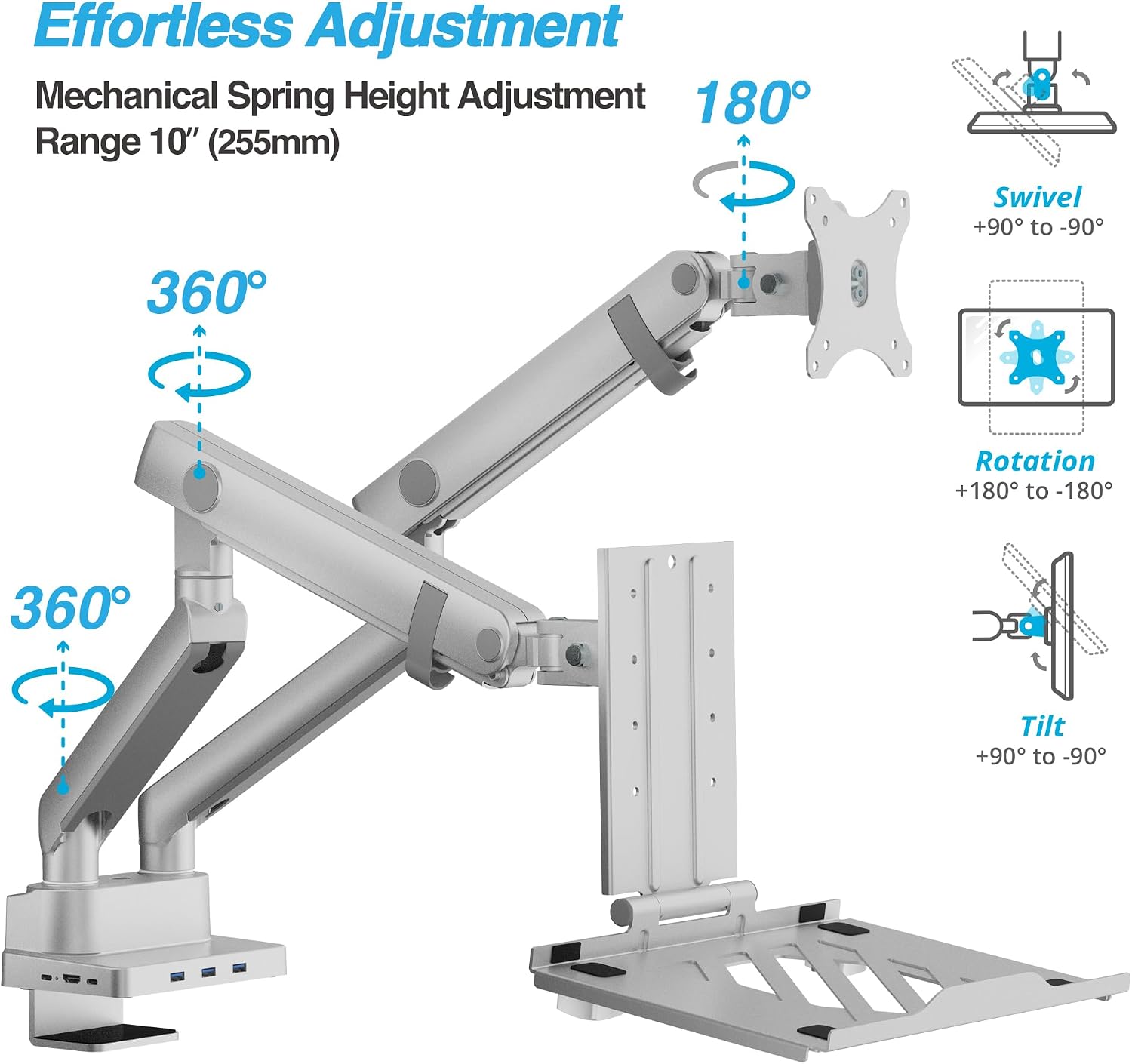 AVLT Dual 17'-38' Monitor Arm Desk Mount with 17' Laptop Tray and USB-C Docking Station, HDMI 4K60Hz, USB-A 5Gbps, Ethernet, 100W PD, Fits Two Flat/Curved - Gray