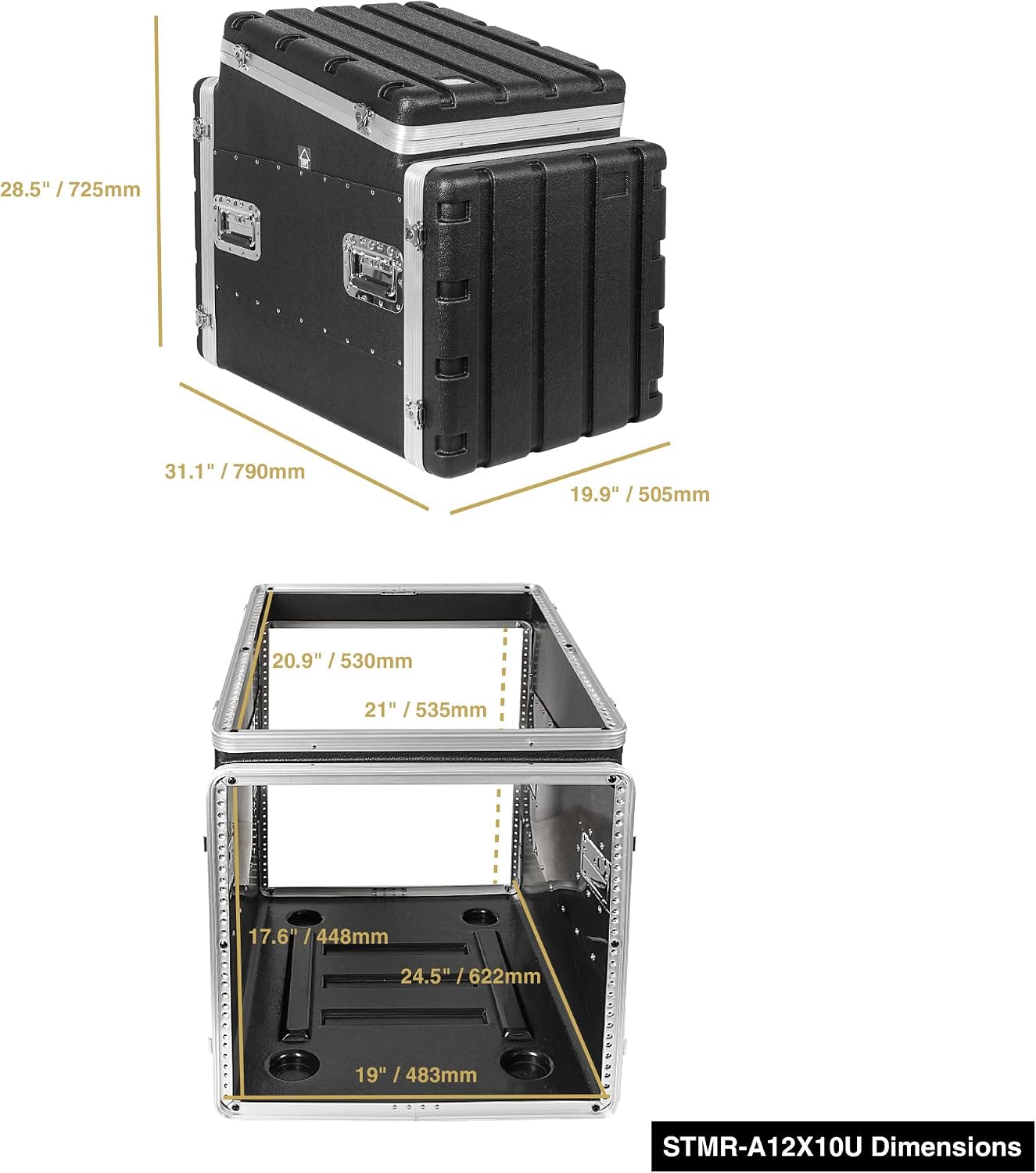 Sound Town Lightweight and Compact 10U ATA ABS Rack Case, with Slant Mixer Top, 24.5' Depth, 12U Top and 10U Side Spaces (STMR-A12X10U)