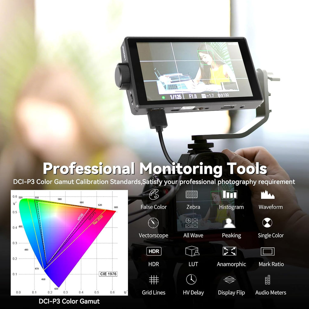 Desview A5 Camera Field Monitor 5.5' 600nits Touch Screen 4K/60Hz HDMI 2.0 in/Out External Camera Monitor for DSLR with 3D LUT Full-Waveform Peaking Focus Assist, Sunshade & NP-F550 Battery Included
