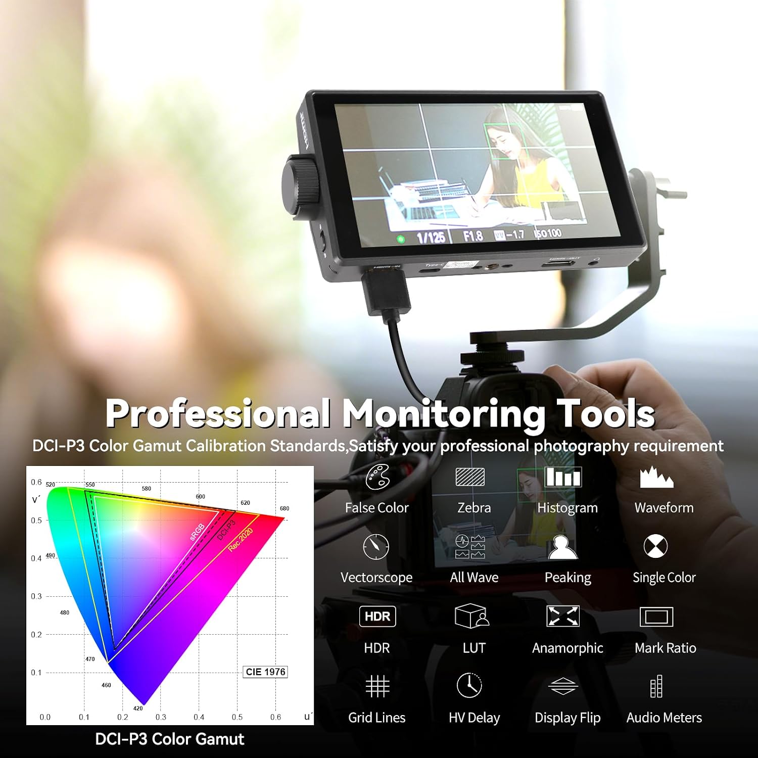Desview A5 Camera Field Monitor 5.5' 600nits Touch Screen 4K/60Hz HDMI 2.0 in/Out External Camera Monitor for DSLR with 3D LUT Full-Waveform Peaking Focus Assist, Sunshade & NP-F550 Battery Included