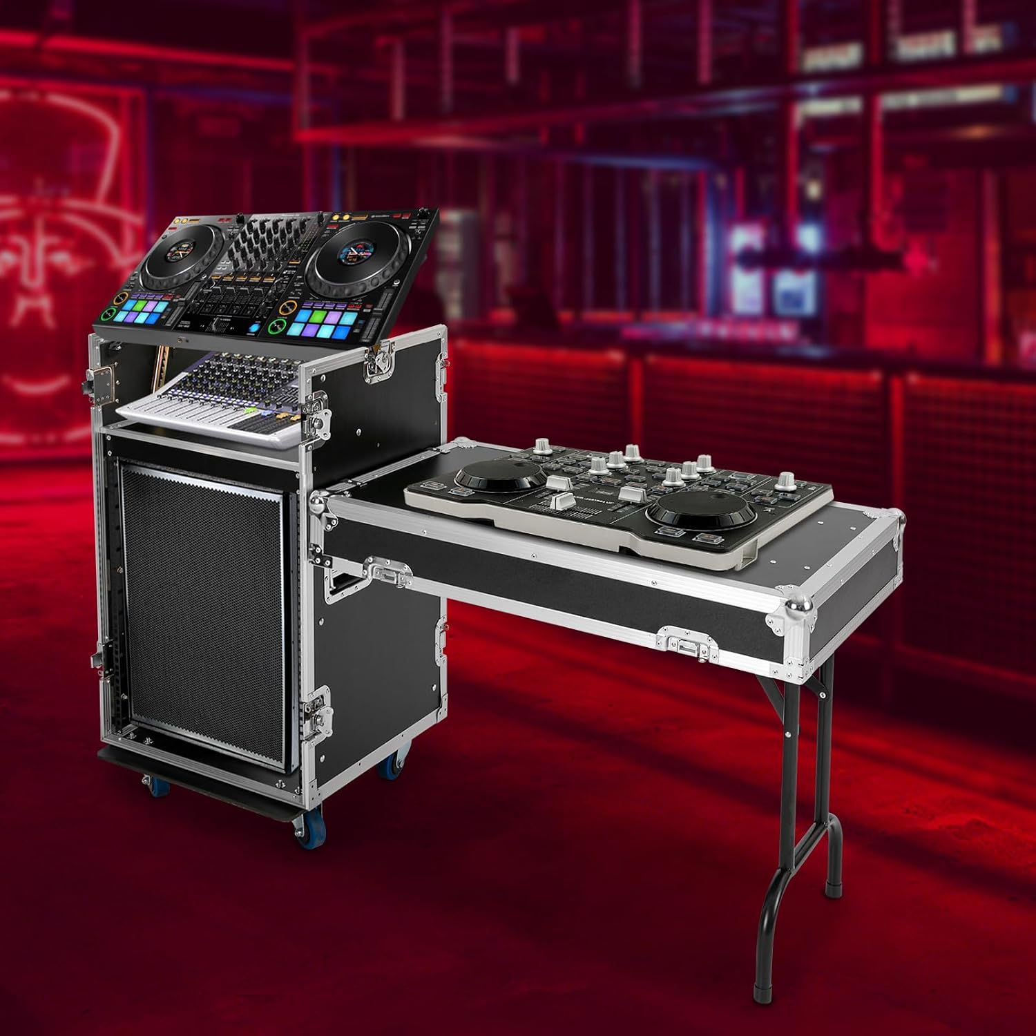 14U PA DJ Rack with DJ Table Tops, 661LBS Recording Studio Racks Audio Equipment Cabinet, Mobile Stereo Rack with Lockable Wheels for Studio/Wedding (Black)