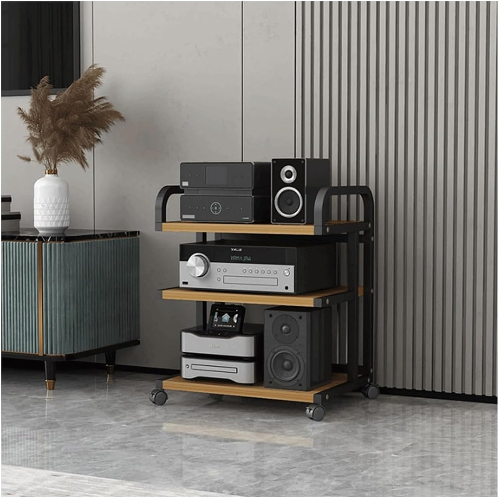 Audio Rack Movable Stereo Rack Audio Equipment Rack Audio with Wheels Stereo Shelf Wooden Open Audio-Video Shelving Waterproof(Natural,3 Tier)