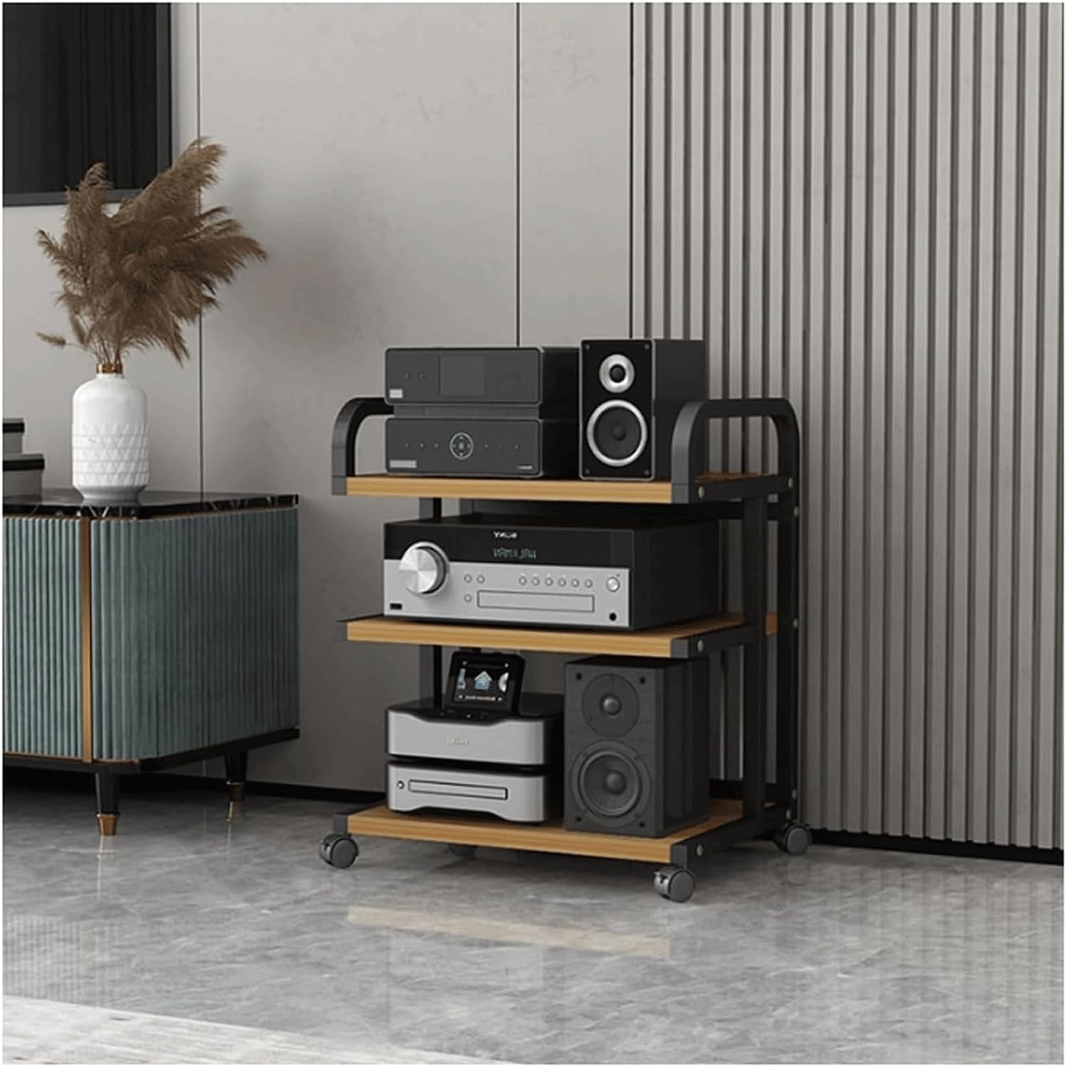 Audio Rack Movable Stereo Rack Audio Equipment Rack Audio with Wheels Stereo Shelf Wooden Open Audio-Video Shelving Waterproof(Natural,3 Tier)
