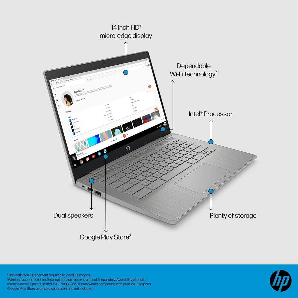 HP Chromebook 14 Laptop (14' HD, Intel 4-Core Celeron N4120, 4GB RAM, 128GB Storage (64GB + 64GB SD)) for Home & Student, Light Weight & 14-Hr Battery Life, Webcam, Wi-Fi, IST HUB, Chrome OS