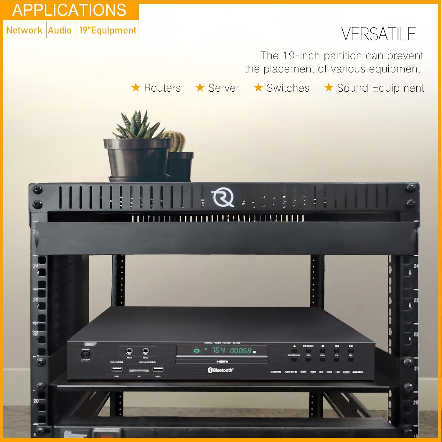RIVECO 18U Stereo & Server Rack with Caster Wheels, Rolling Network Cabinet, Open Frame Rack for 19-inch Audio Video Music Recording & IT Equipment Lifting Handle & 1U 10' Rack Shelves 2PCS