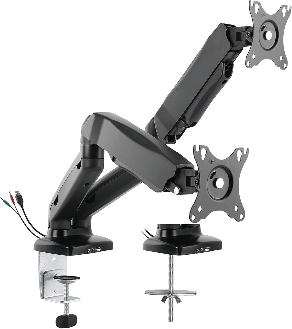 Rocelco Premium Double Monitor Desk Mount with USB 2.0 and Audio Port - Fits Dual 13' - 27' LED LCD Flat Screens - Pneumatic Full Motion Assist Adjustable Arm - Grommet and C Clamp - Black (R MA2)