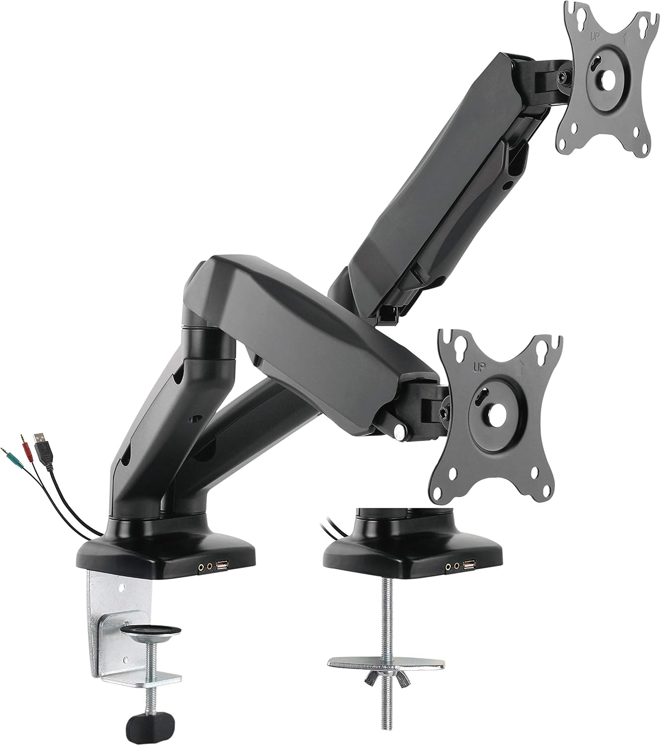 Rocelco Premium Double Monitor Desk Mount with USB 2.0 and Audio Port - Fits Dual 13' - 27' LED LCD Flat Screens - Pneumatic Full Motion Assist Adjustable Arm - Grommet and C Clamp - Black (R MA2)