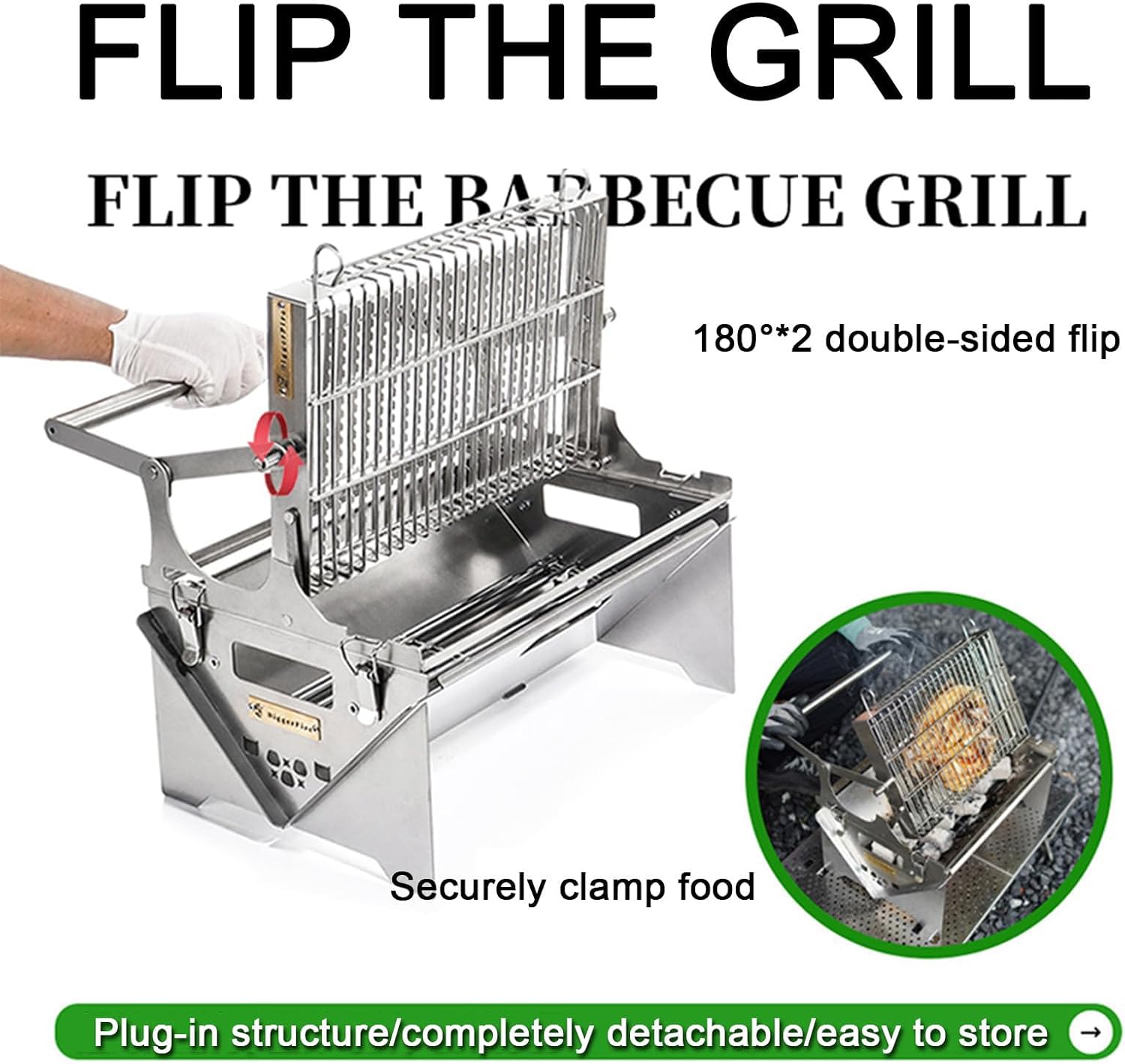 Rotating Charcoal Grill,Stainless Steel Flipping Barbecue Grills,Portable Camping Charcoal BBQ Grill for Outdoor Picnic Yard Party