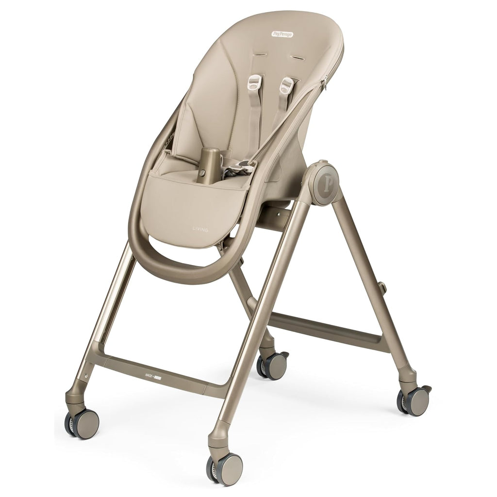 Peg Perego Living, Grow with Baby Folding High Chair & Recliner, Height Adjustable, Quick Clean & Easy Push Wheels for Babies & Toddlers, Made in Italy, Space Sand