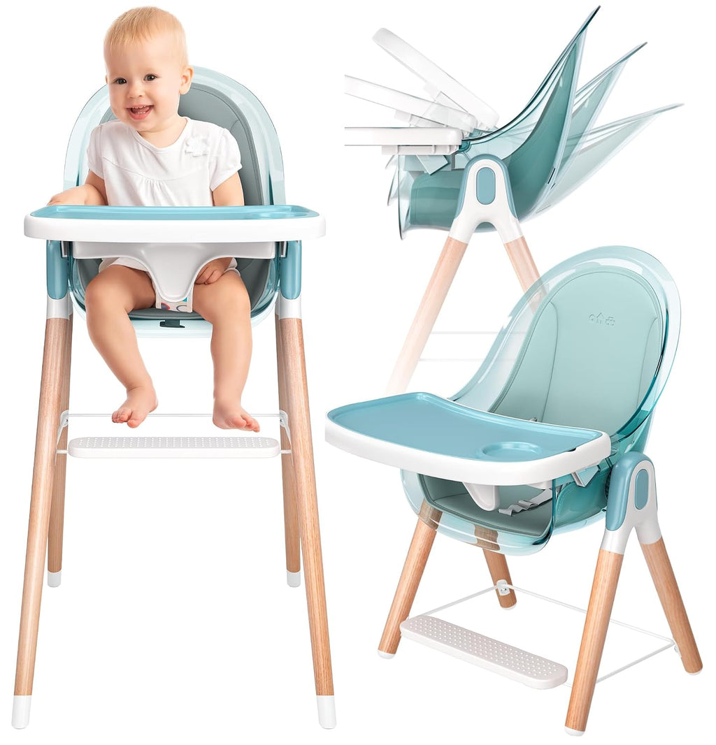 6 in 1 Deluxe Wooden High Chair for Babies & Toddlers, Modern Safe & Compact Baby Highchair, Easy to Clean & Assemble Removable Tray & Cushion, 6 Options 3 Seat Positions 2 Heights