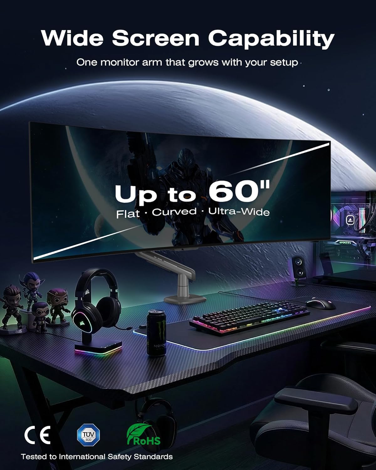 NB Gaming Monitor Arm for Screen up to 60 inches, Holds 44 lbs(20 kg), VESA 75/100, RGB Light, Heavy Duty Monitor Stand, Aluminum Ultrawide Screen Mount Height Angle Adjustable Grey Black