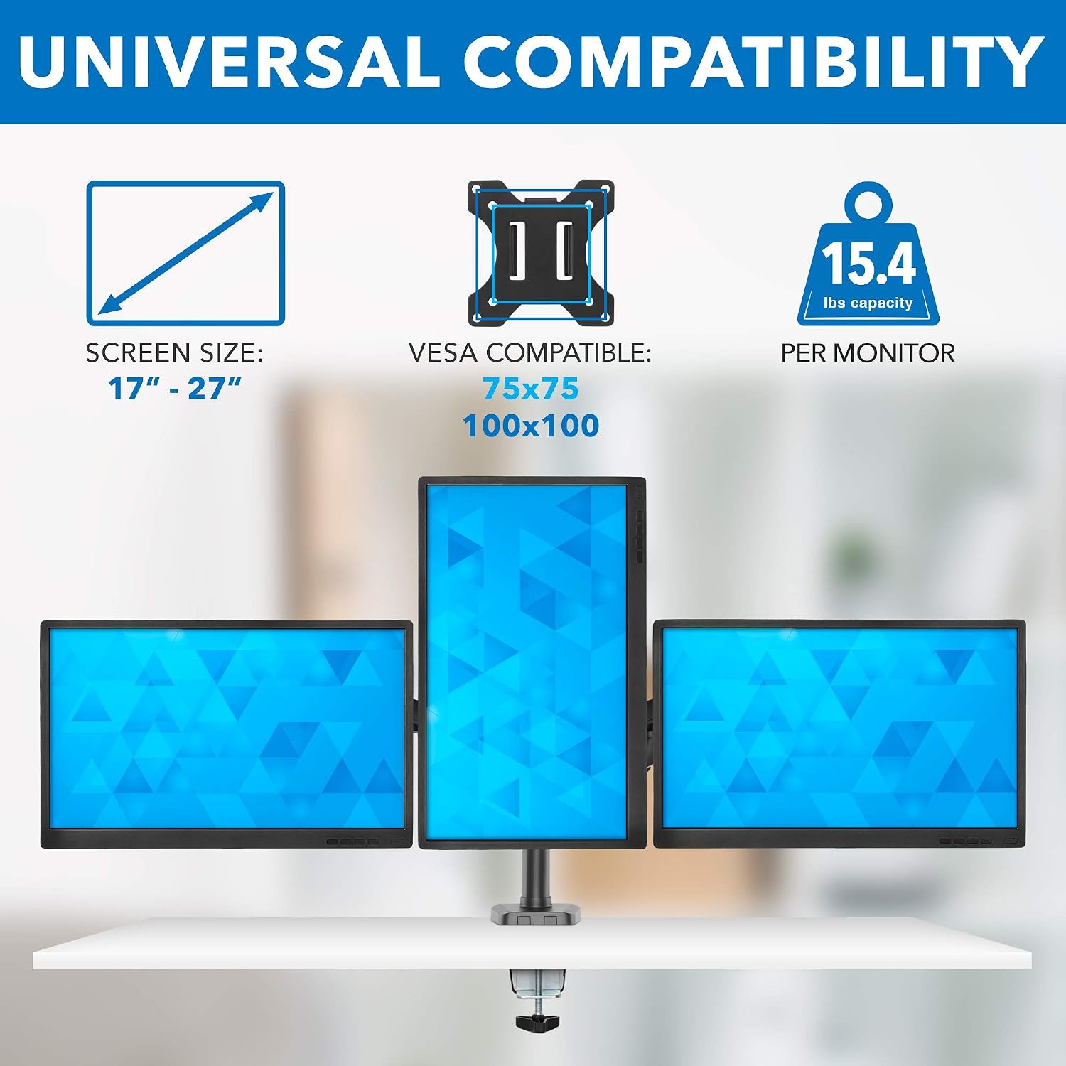 Mount-It! Triple Monitor Desk Mount with Full Motion Arms, 3 Monitor Riser with Gas Spring Arms for 27' Max Computer Screens, Sturdy Dual Clamp Base, Black