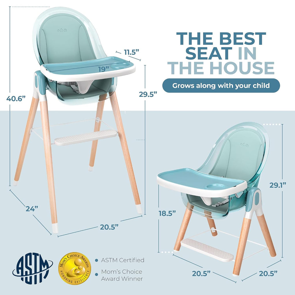 6 in 1 Deluxe Wooden High Chair for Babies & Toddlers, Modern Safe & Compact Baby Highchair, Easy to Clean & Assemble Removable Tray & Cushion, 6 Options 3 Seat Positions 2 Heights