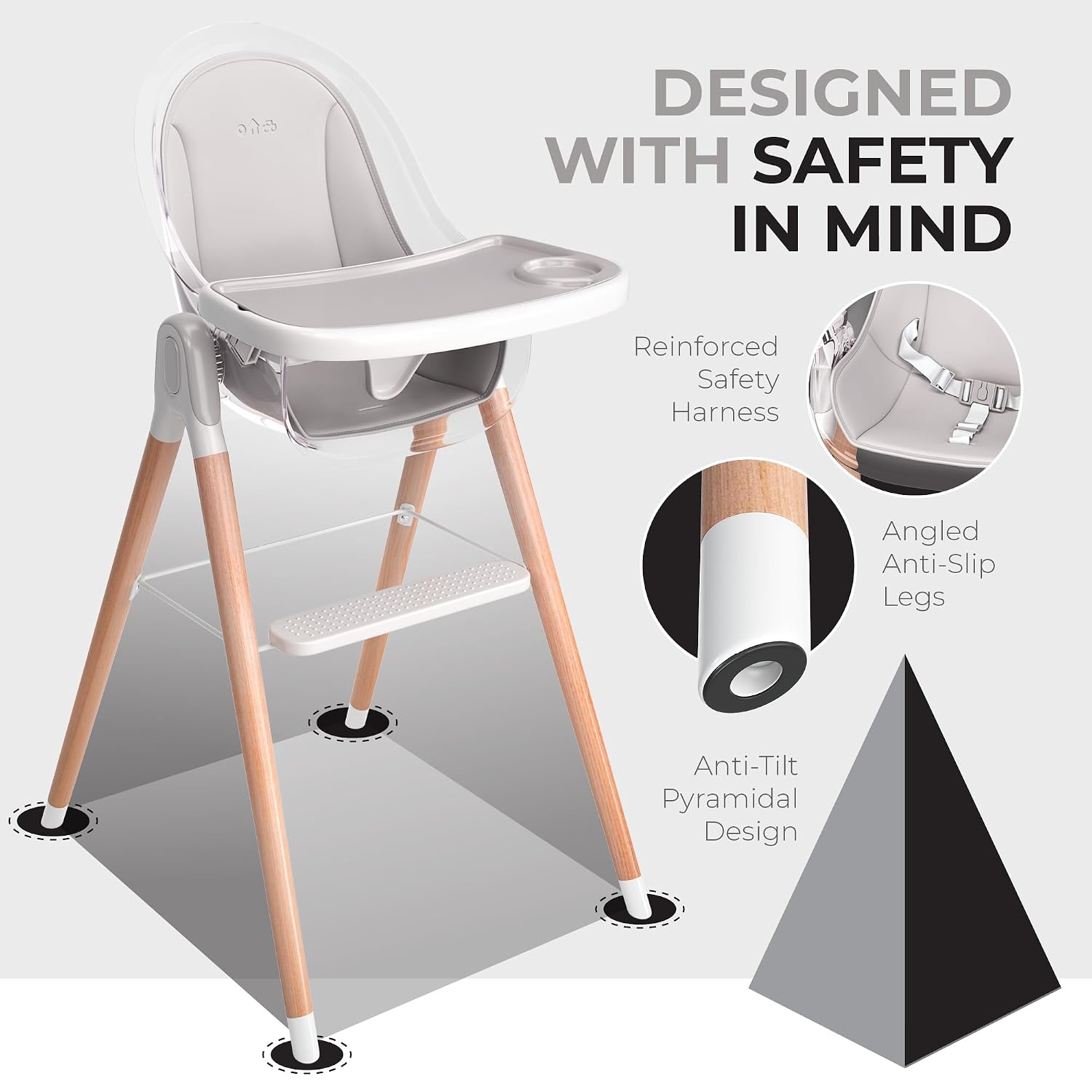 6 in 1 Deluxe Wooden High Chair for Babies & Toddlers, Modern Safe & Compact Baby Highchair, Easy to Clean & Assemble Removable Tray & Cushion, 6 Options 3 Seat Positions 2 Heights