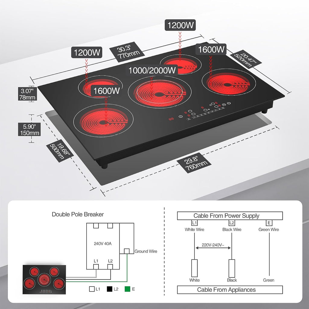 VBGK Electric cooktop 30 inch, 5 burner Electric Stove Built-in and Countertop Stove Top, LED Touch Screen,9 Heating Level, Timer & Kid Safety Lock, 240V 30 inch cooktop