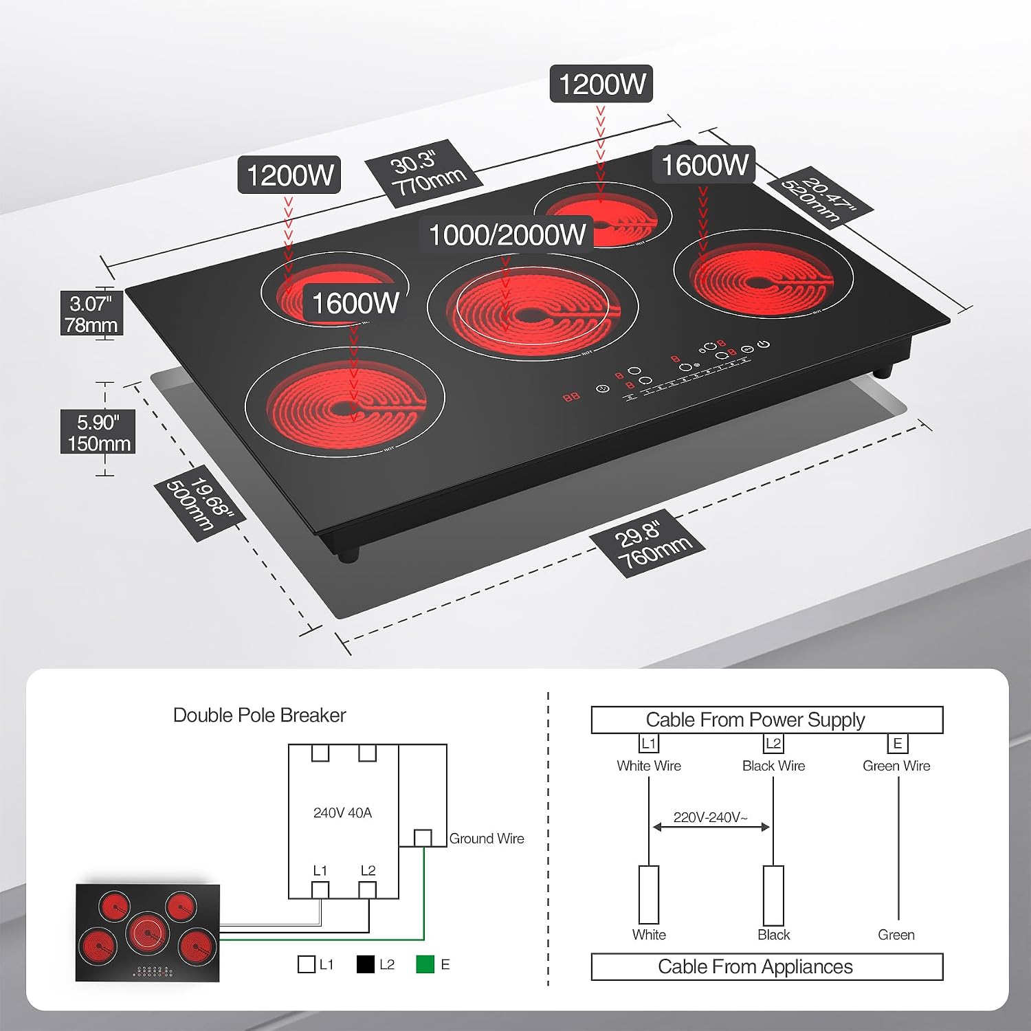 VBGK Electric cooktop 30 inch, 5 burner Electric Stove Built-in and Countertop Stove Top, LED Touch Screen,9 Heating Level, Timer & Kid Safety Lock, 240V 30 inch cooktop