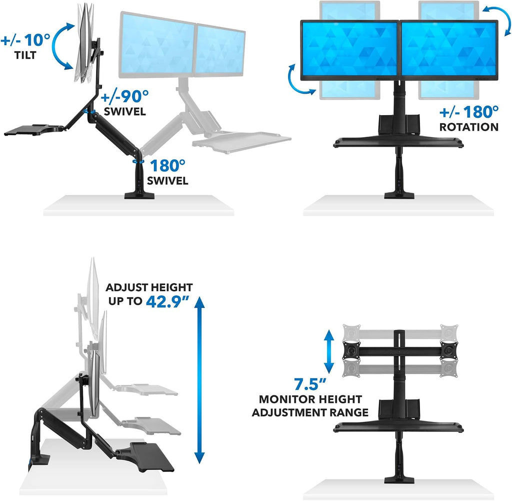 Mount-It! Dual Monitor Arm Desk Mount Sit-Stand Workstation with 2 USB 3.0 Ports, Height Adjustable 23.1–42.9', Fits Two 17–27' Screens, 13.2 lbs Each, VESA 75x75 100x100, Clamp or Grommet