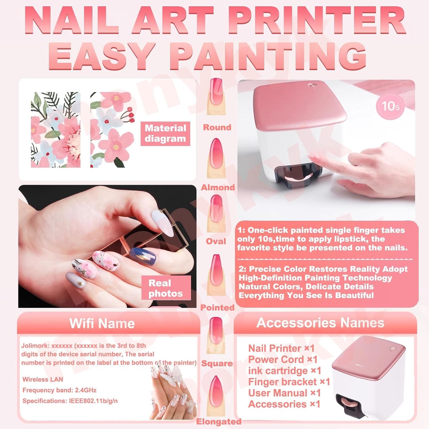 Smart 3D Nail Printer-App/WiFi Connection Control/Ink Cartridges,10s Gel Nail Art | 4800 Dpi Chip-Resistant Prints | Auto Nail Detection for Perfect DIY Manicures,Girls' Home Nails
