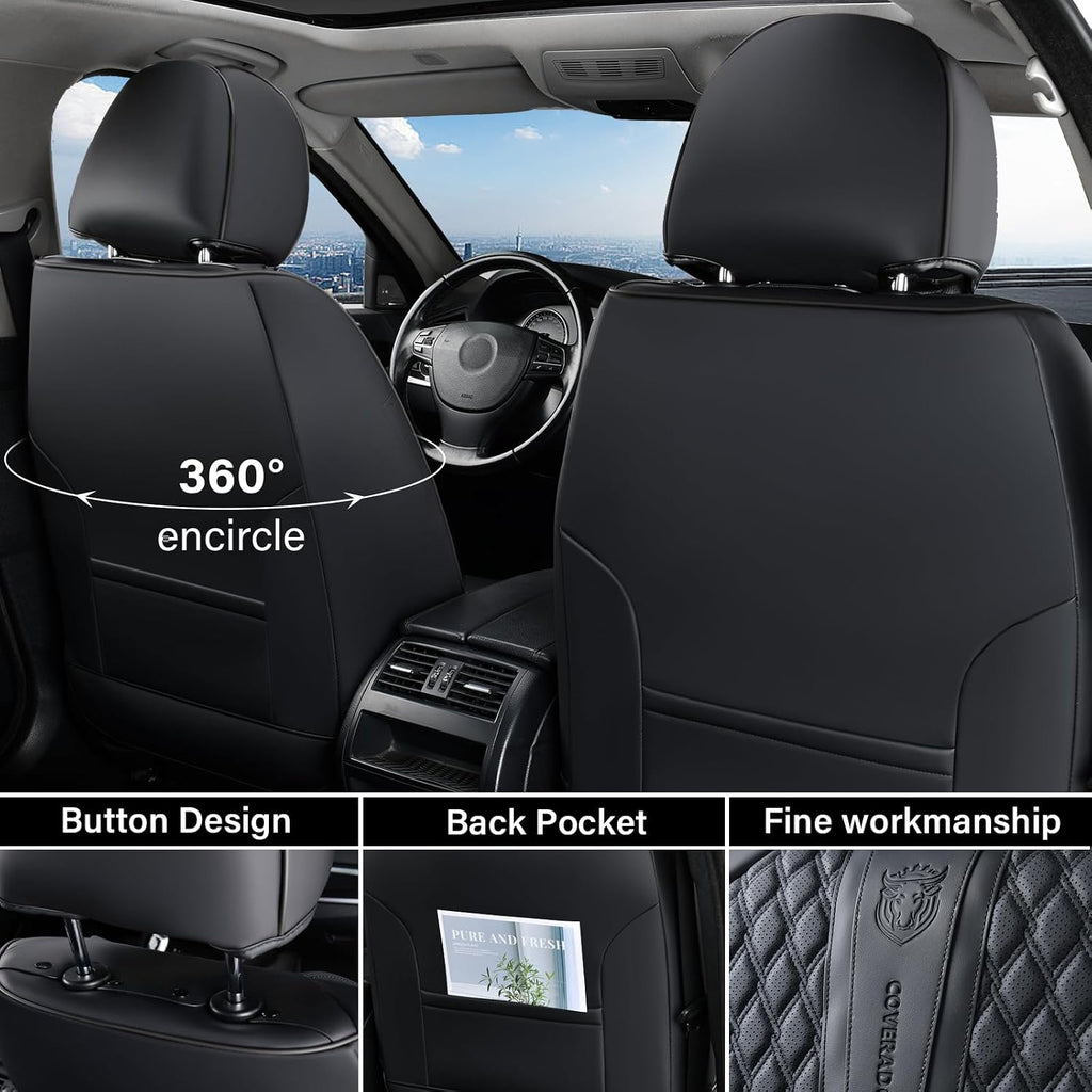 Coverado Car Seat Covers Full Set, Black Seat Covers for Car with Lumbar Support, Nappa Leather Seat Covers Waterproof Car Seat Protectors Universal Fit for Most Cars SUV Trucks